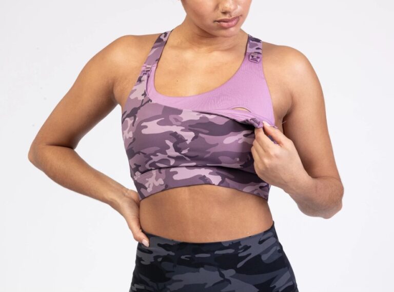 Woman wearing Sweat and Milk Sports Bra for exercise while breastfeeding