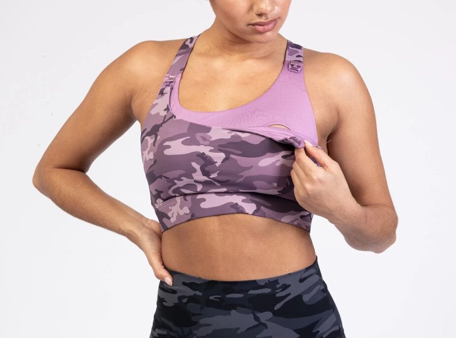 Woman wearing Sweat and Milk Sports Bra for exercise while breastfeeding