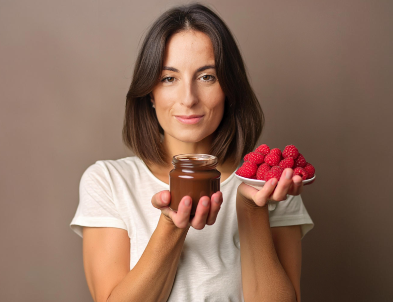 Woman holding food options for postpartum diet